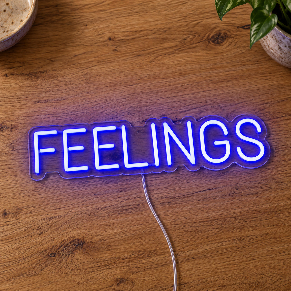 Feelings Neon Sign in blue, featuring block lettering on a wooden surface.