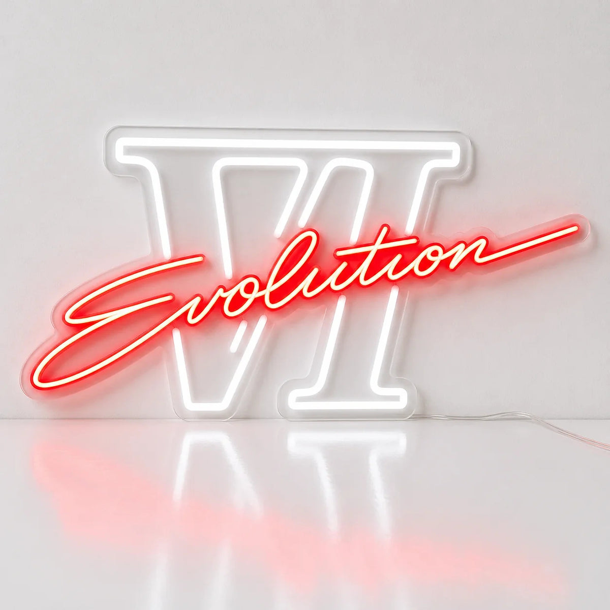 Mitsubishi Lancer Evolution VI LED Neon Sign in red and white, featuring Evolution script over Roman numerals VI on a light surface.