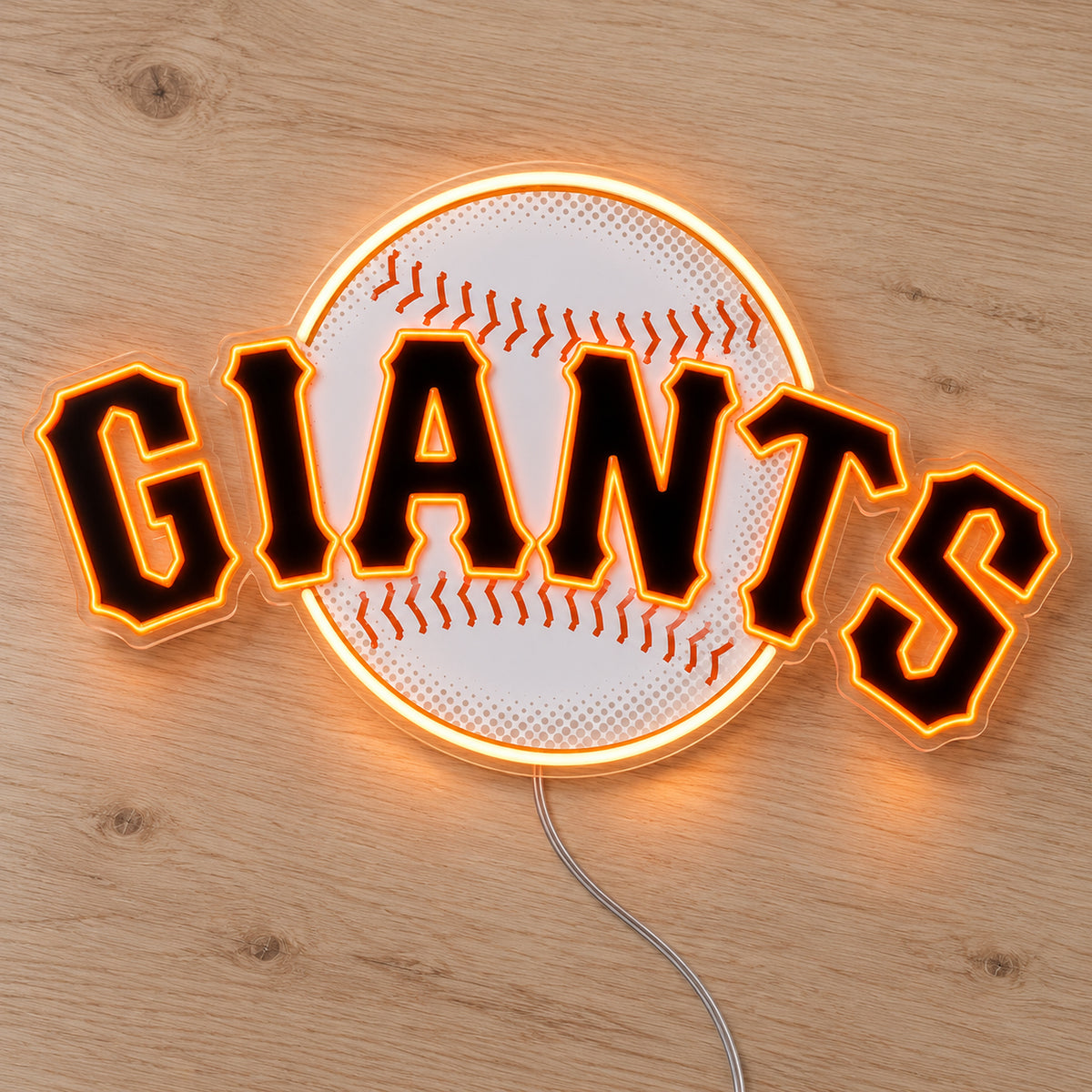 San Francisco Giants LED Neon Sign, featuring illuminated team logo on a wooden surface.