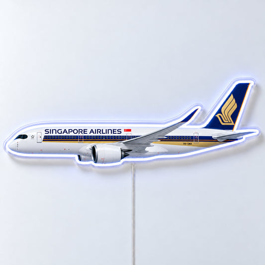 Airbus A350-900 Singapore Airlines Neon Sign with printed aircraft details and an illuminated LED outline on clear acrylic, shown from the front on a white surface, registration 9V-SMA