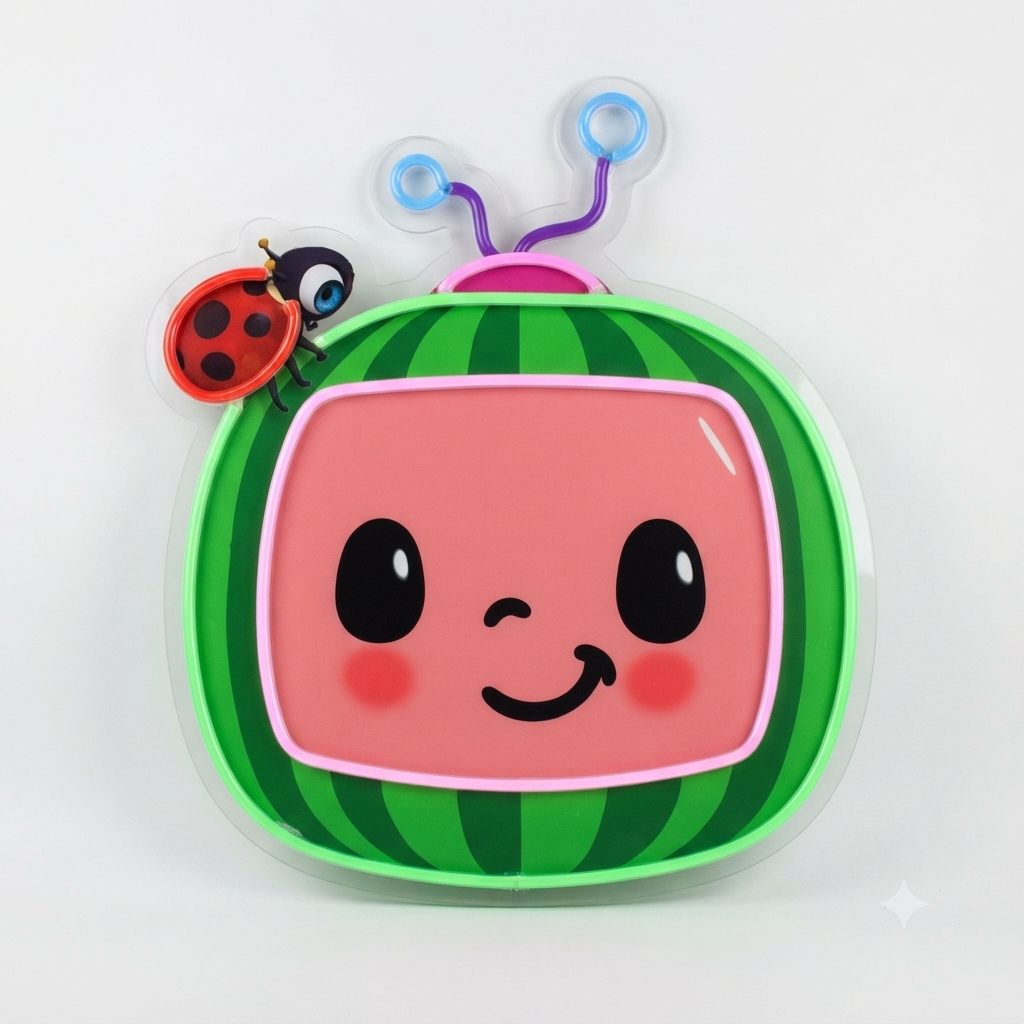 Cocomelon LED Neon Sign in green and pink, featuring the Cocomelon smiling television character on a light wall.