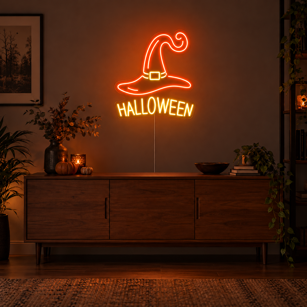 Halloween Witch Hat Neon Sign featuring an orange witch hat with a curled tip above Halloween lettering, displayed on a dark wall above a wooden sideboard.