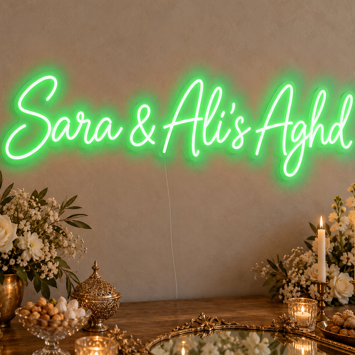 Personalised Aghd Neon Sign in green LED neon on clear acrylic, angled view