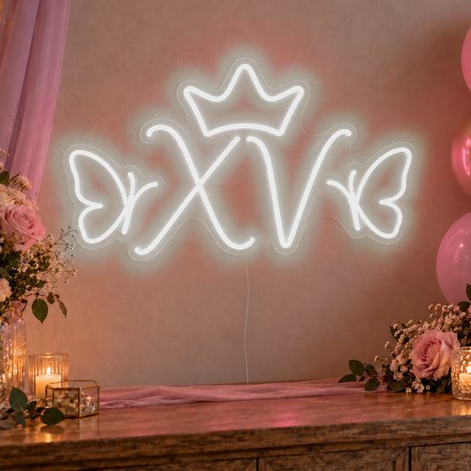 Xv Crown Butterflies Neon Sign in white LED neon on clear acrylic, angled view