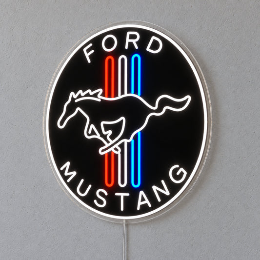 Ford Mustang Badge LED Neon Sign in red, white and blue, featuring a circular Ford Mustang horse badge on a grey wall.