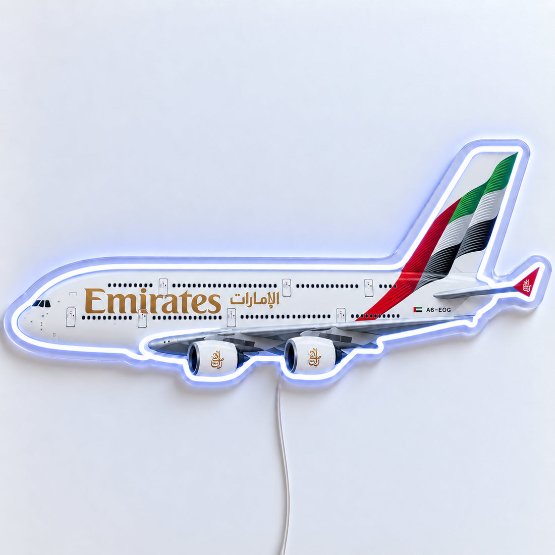 Airbus A380 Emirates Neon Sign with printed aircraft details and an illuminated LED outline on clear acrylic, shown from the front on a white surface, registration A6-EOG