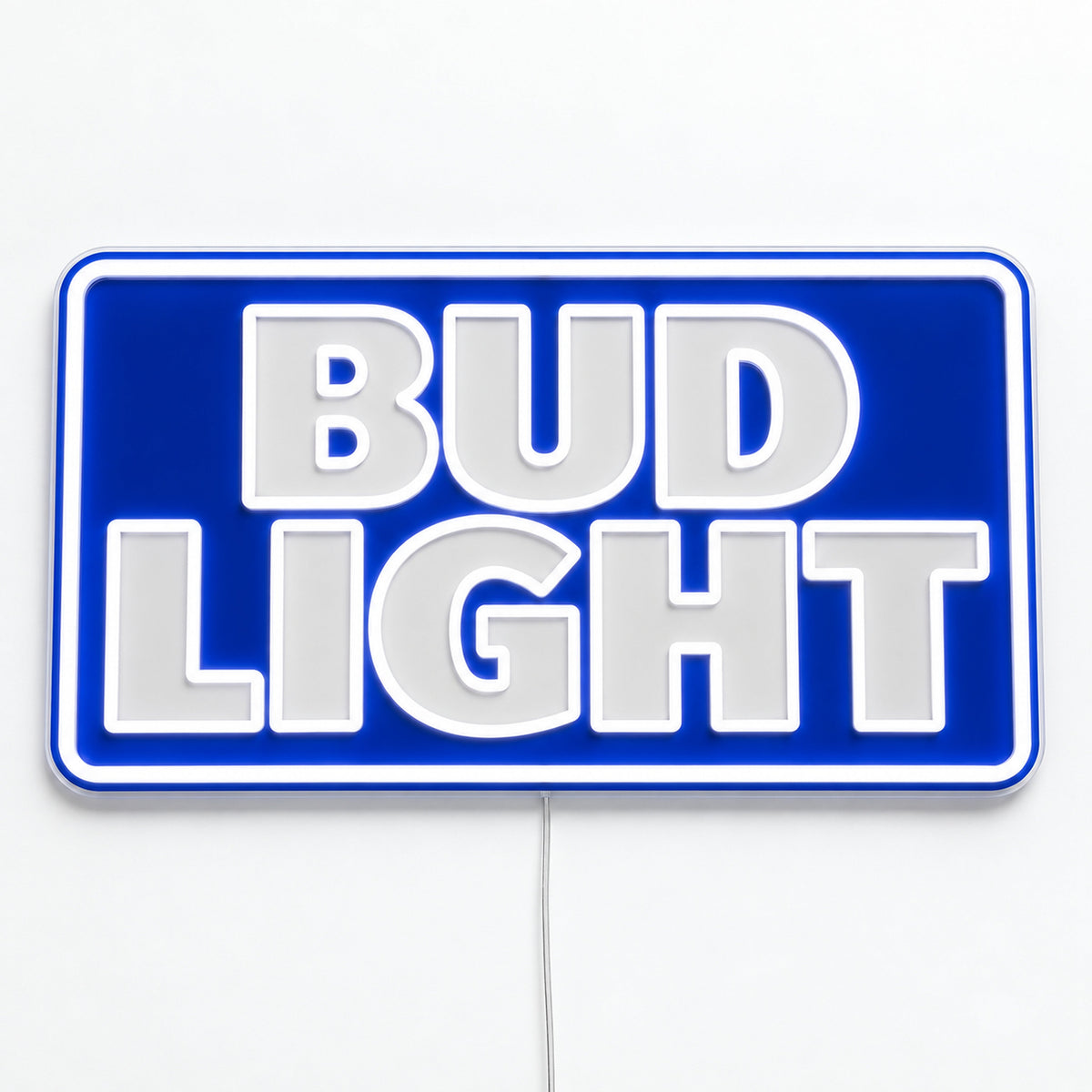 Bud Light LED Neon Sign, featuring illuminated beer-brand logo on a light background.