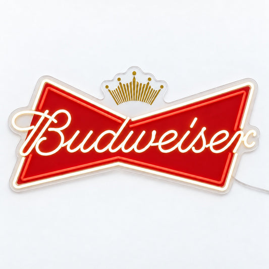 Budweiser LED Neon Sign, featuring illuminated beer-brand logo on a light background.