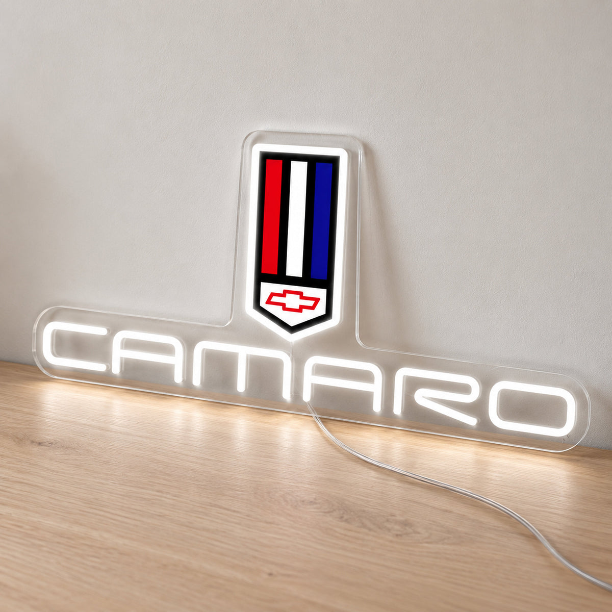 Camaro LED Neon Sign, featuring vehicle-brand emblem displayed on a light background.