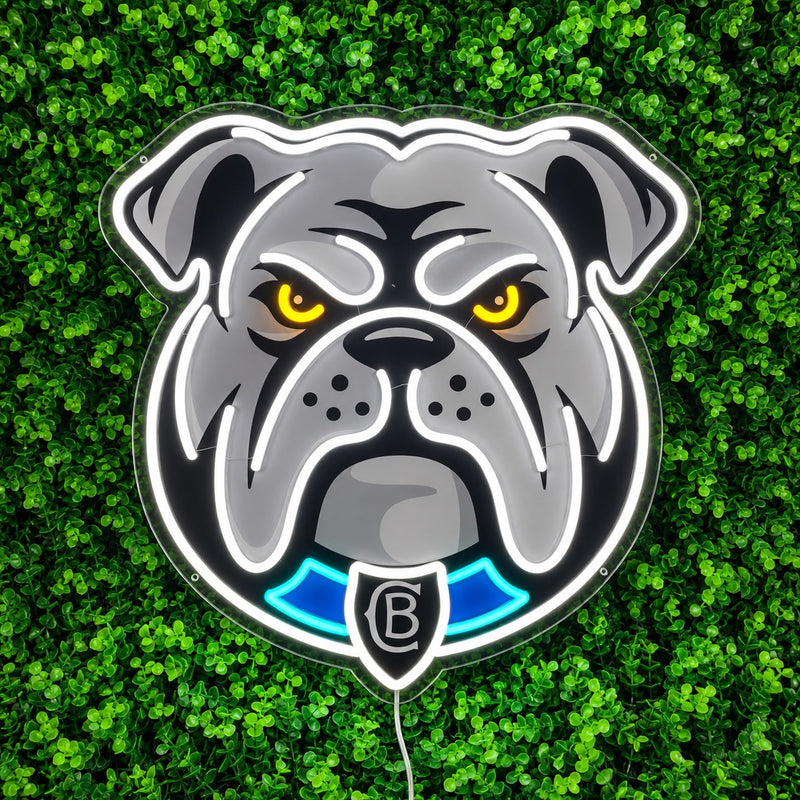 Canterbury Bulldogs Neon Sign, featuring illuminated team logo on a green foliage wall.