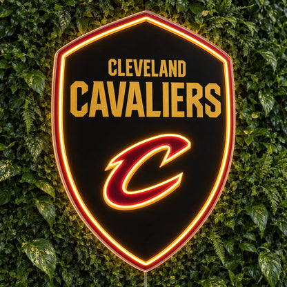 Cleveland Cavaliers LED Neon Sign, featuring team logo displayed on a green foliage wall.