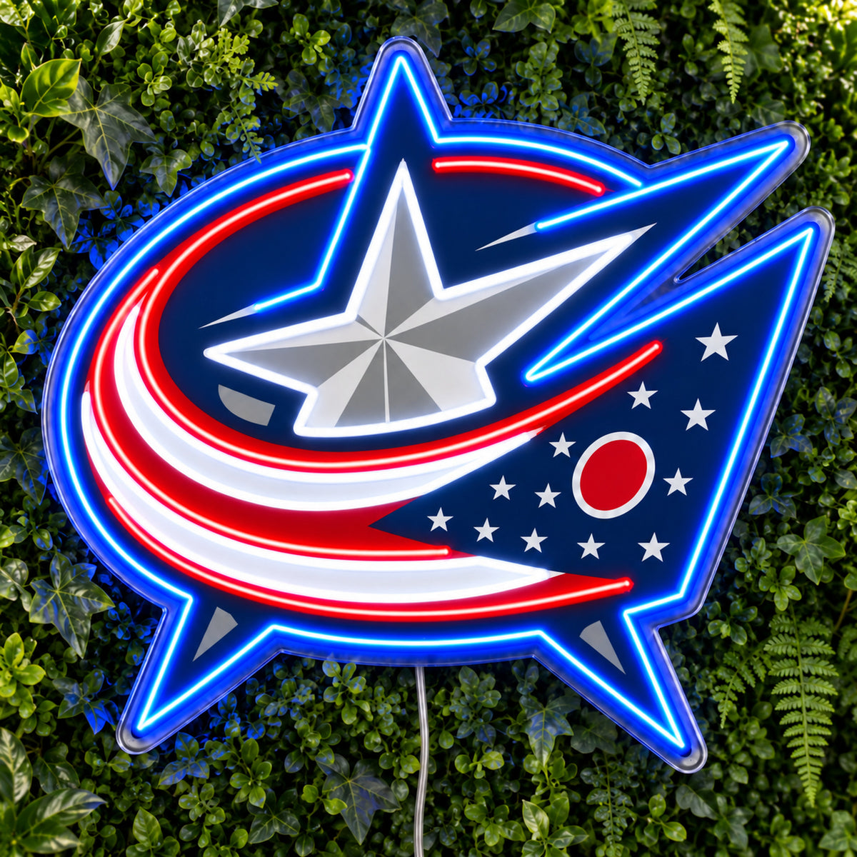 Columbus Blue Jackets LED Neon Sign, featuring team logo displayed on a green foliage wall.