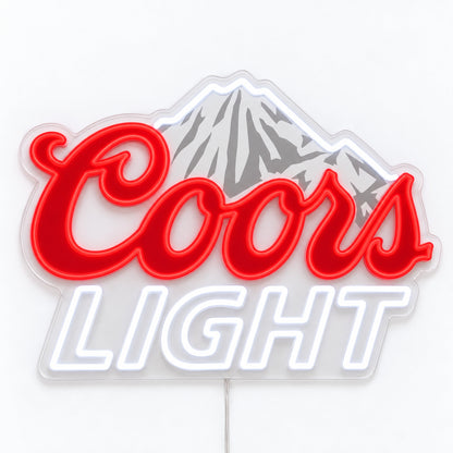Coors Light LED Neon Sign, featuring illuminated beer-brand logo on a light background.
