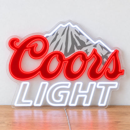 Coors Light LED Neon Sign, featuring illuminated beer-brand logo on a light background.
