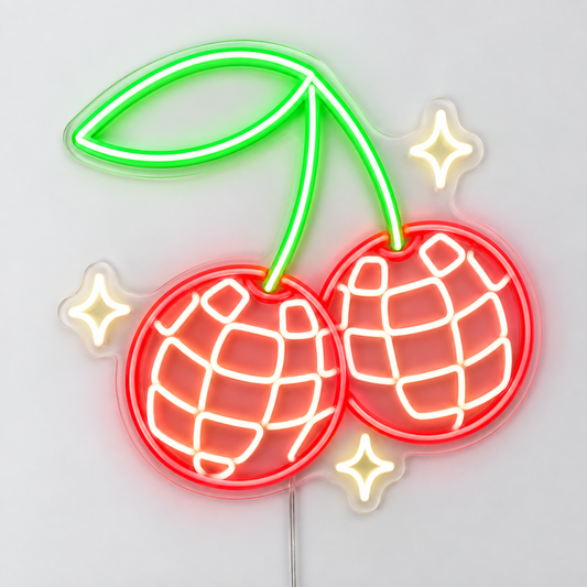 Disco Cherry Neon Sign with red cherries, green stems and white sparkle details