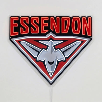 Essendon Bombers Neon Sign in red and white, featuring Essendon Bombers crest on a light background.