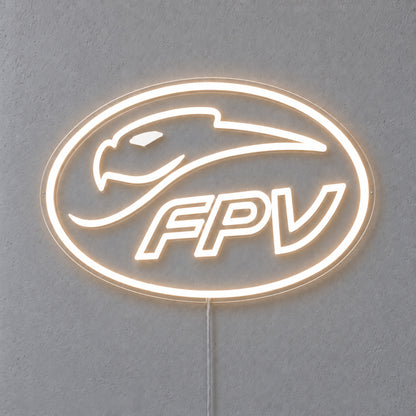 FPV Ford Performance Vehicles LED Neon Sign in warm white, featuring oval FPV logo with a bird-head outline on a grey wall.
