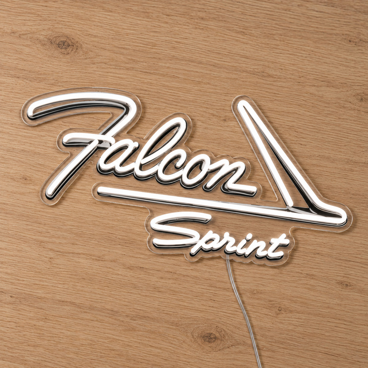Ford Falcon Sprint LED Neon Sign, featuring illuminated vehicle logo on a wooden surface.
