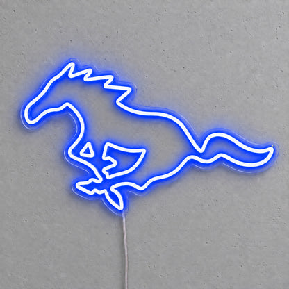 Ford Mustang Horse LED Neon Sign in blue, featuring a galloping Mustang horse outline on a grey wall.