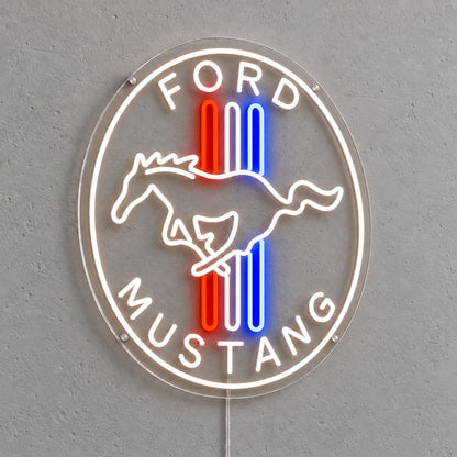 Ford Mustang Logo LED Neon Sign in red, white and blue, featuring a Ford Mustang horse logo with vertical stripes on a grey wall.