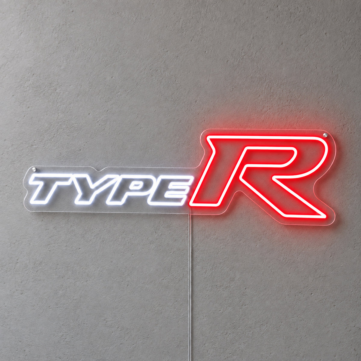 Honda Type-R LED Neon Sign in white and red, featuring Honda Type-R lettering on a grey wall.