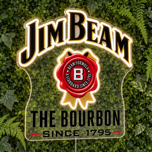Jim Beam LED Neon Sign, featuring illuminated brand logo on a green foliage wall.