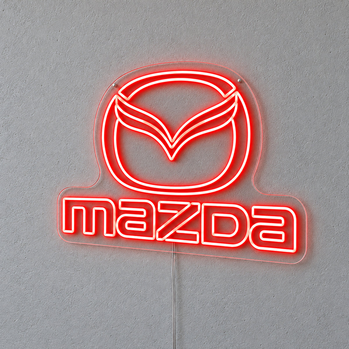 Mazda Logo LED Neon Sign in red, featuring Mazda emblem and lettering on a grey wall.