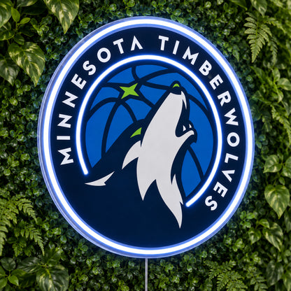 Minnesota Timberwolves LED Neon Sign, featuring illuminated team logo on a green foliage wall.
