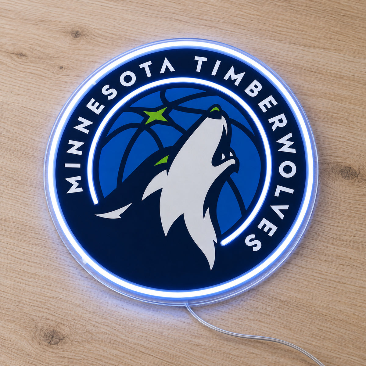 Minnesota Timberwolves LED Neon Sign, featuring illuminated team logo on a wooden surface.