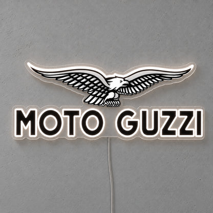 Moto Guzzi LED Neon Sign, featuring illuminated vehicle logo on a light background.