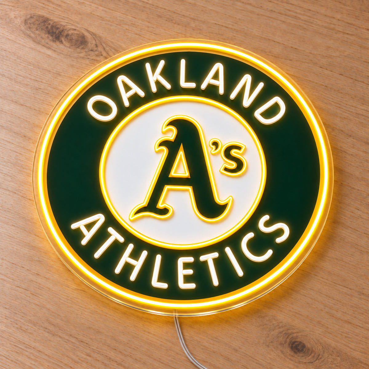 Oakland Athletics LED Neon Sign, featuring illuminated team logo on a wooden surface.