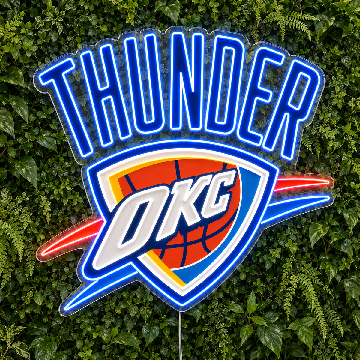 Oklahoma City Thunder LED Neon Sign, featuring team logo displayed on a green foliage wall.