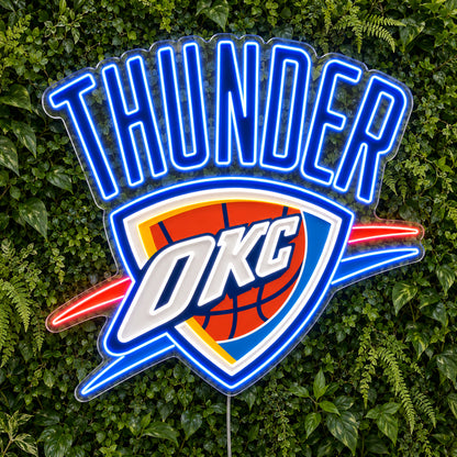 Oklahoma City Thunder LED Neon Sign, featuring team logo displayed on a green foliage wall.