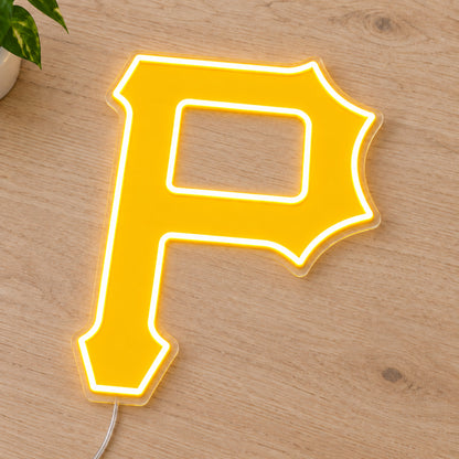 Pittsburgh Pirates LED Neon Sign, featuring team logo displayed on a wooden surface.