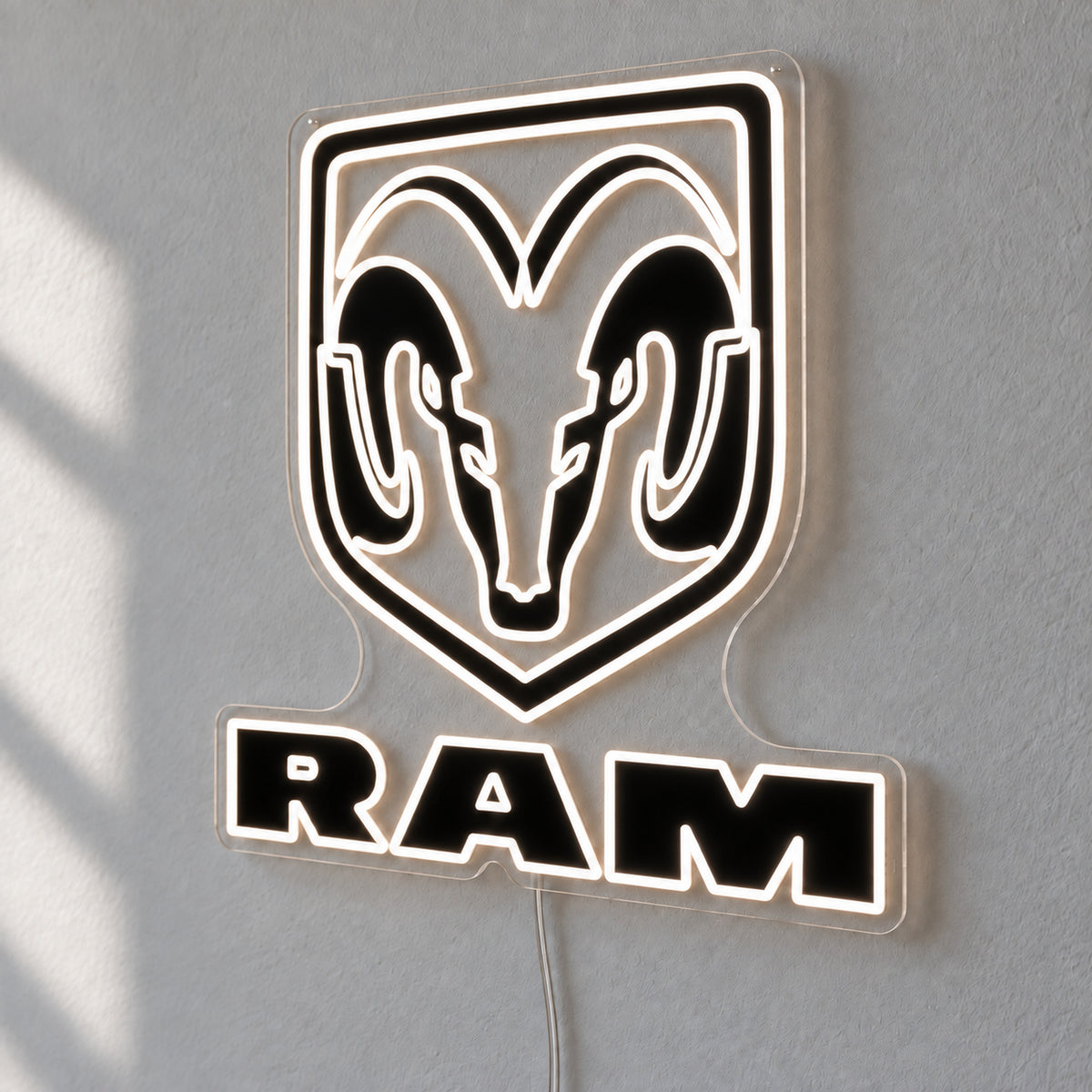 Ram LED Neon Sign, featuring illuminated vehicle logo on a light background.