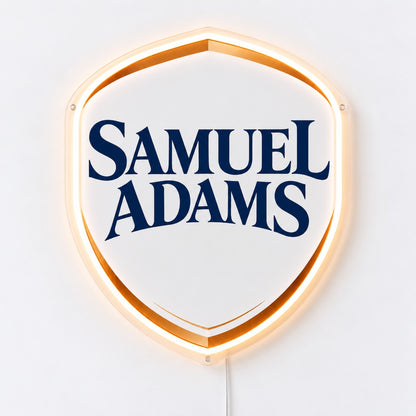 Samuel Adams LED Neon Sign, featuring illuminated beer-brand logo on a light background.