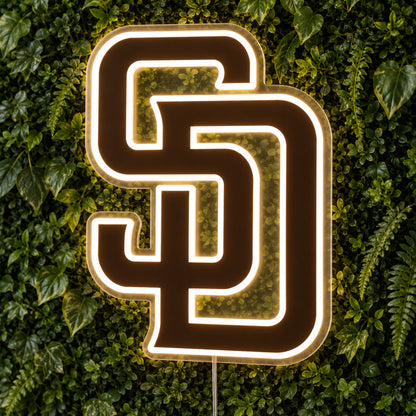 San Diego Padres LED Neon Sign, featuring team logo displayed on a green foliage wall.