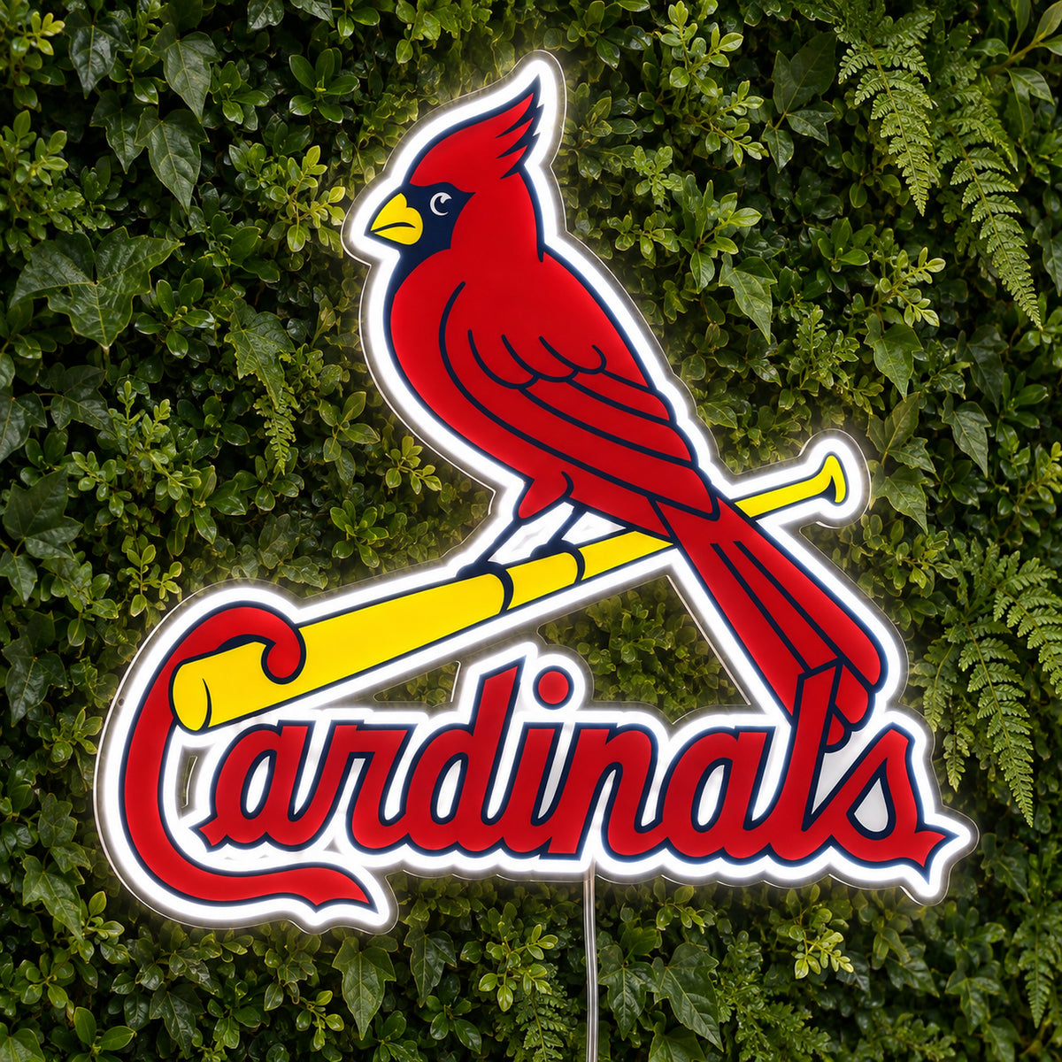St. Louis Cardinals LED Neon Sign, featuring team logo displayed on a green foliage wall.