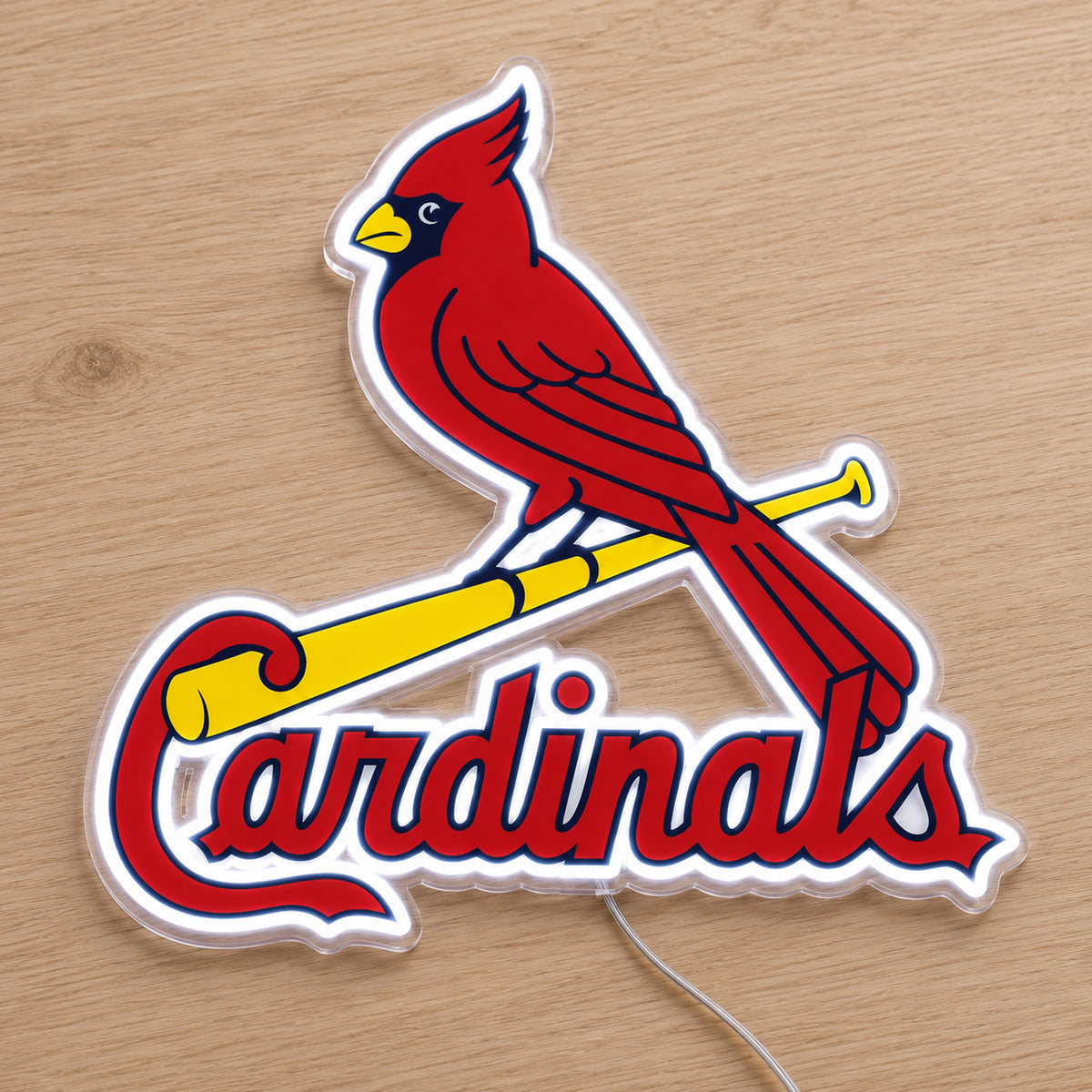 St. Louis Cardinals LED Neon Sign, featuring team logo displayed on a wooden surface.