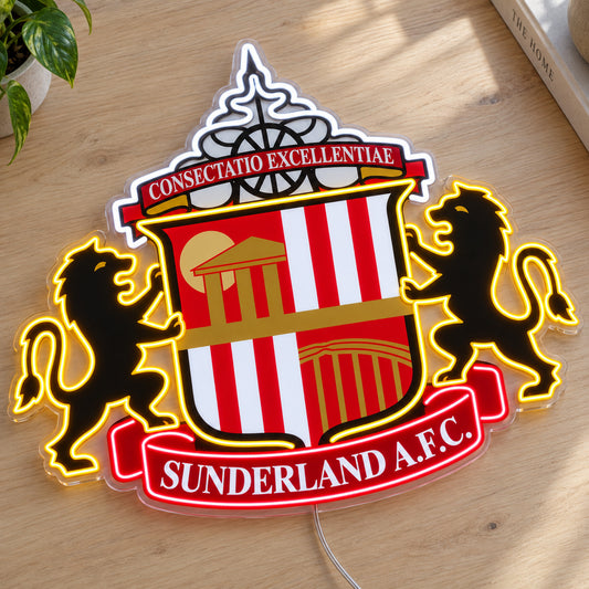 Sunderland LED Neon Sign, featuring team logo displayed on a wooden surface.