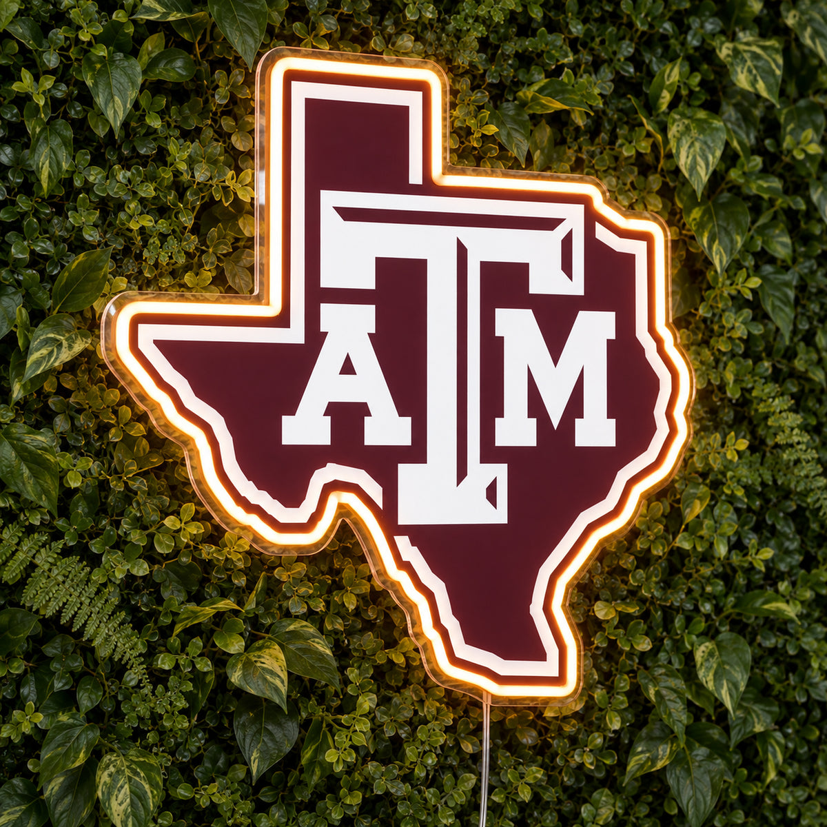 Texas A&M Aggies LED Neon Sign, featuring team logo displayed on a green foliage wall.
