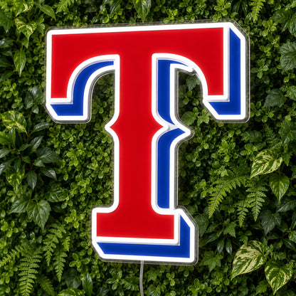 Texas Rangers LED Neon Sign, featuring team logo displayed on a green foliage wall.