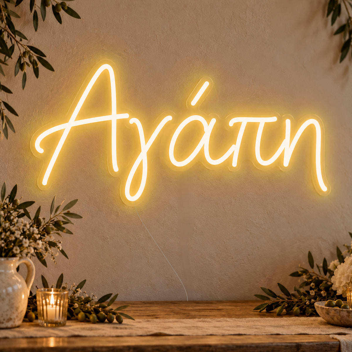 Agapi Greek Love Neon Sign in gold LED neon on clear acrylic, angled view