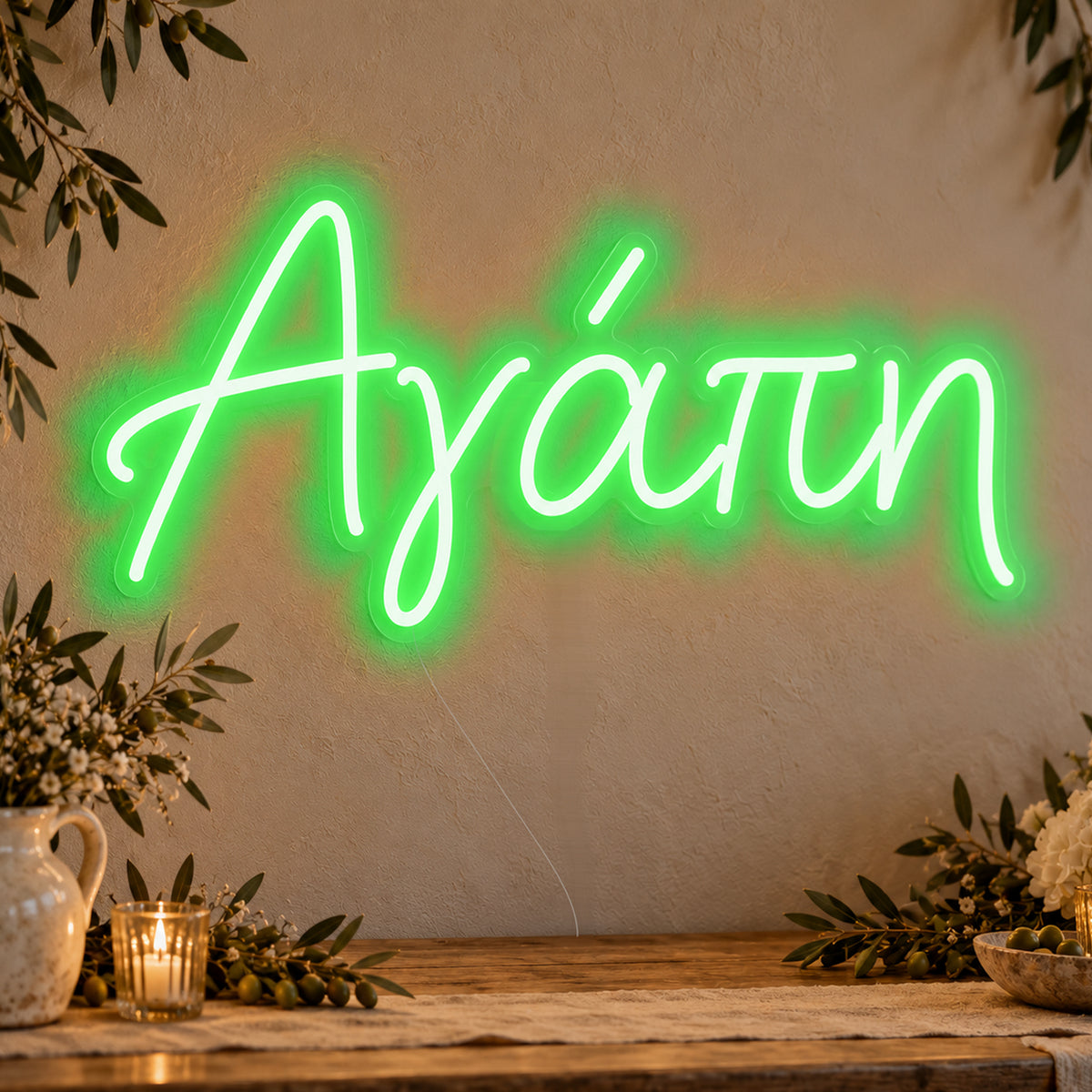 Agapi Greek Love Neon Sign in green LED neon on clear acrylic, angled view