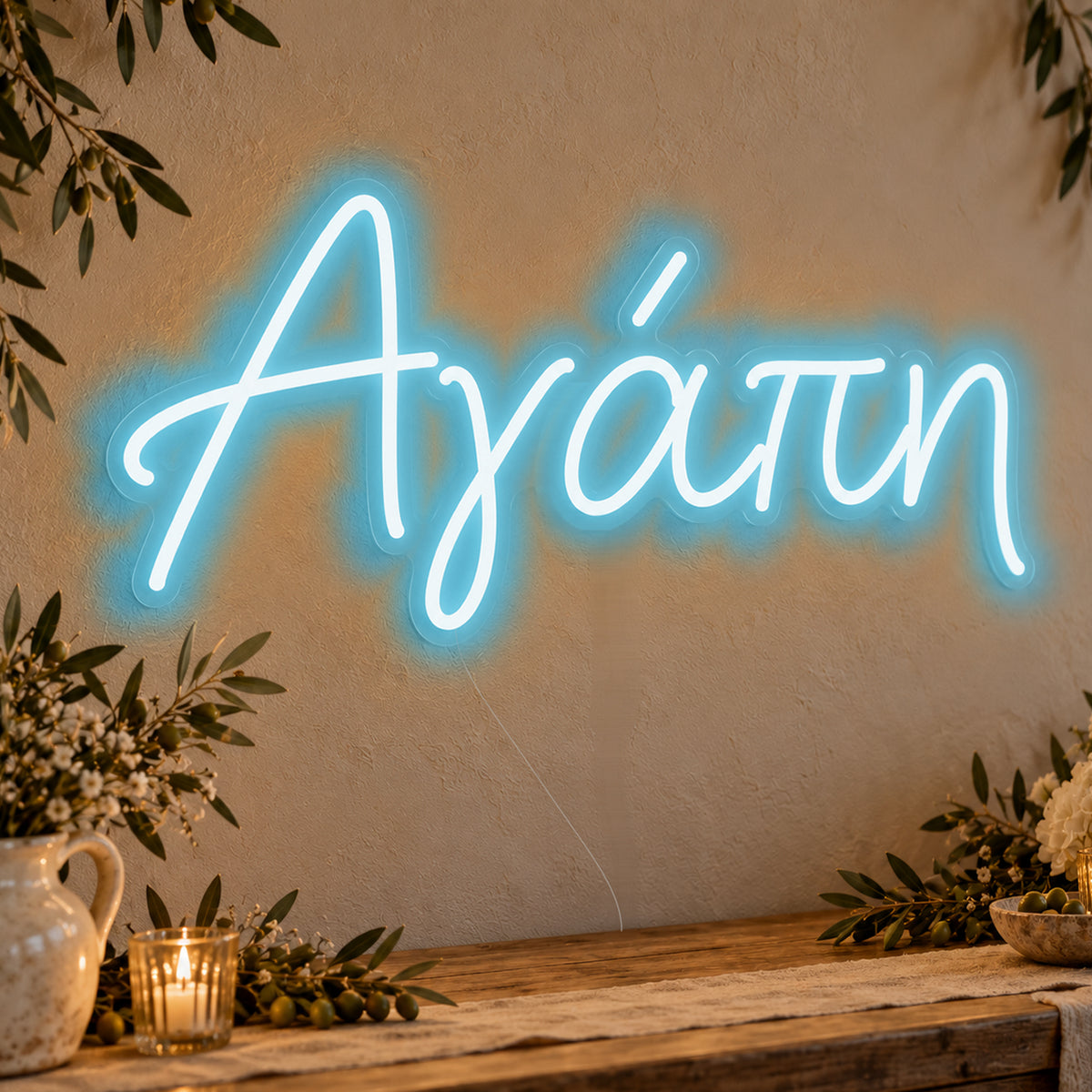 Agapi Greek Love Neon Sign in ice blue LED neon on clear acrylic, angled view
