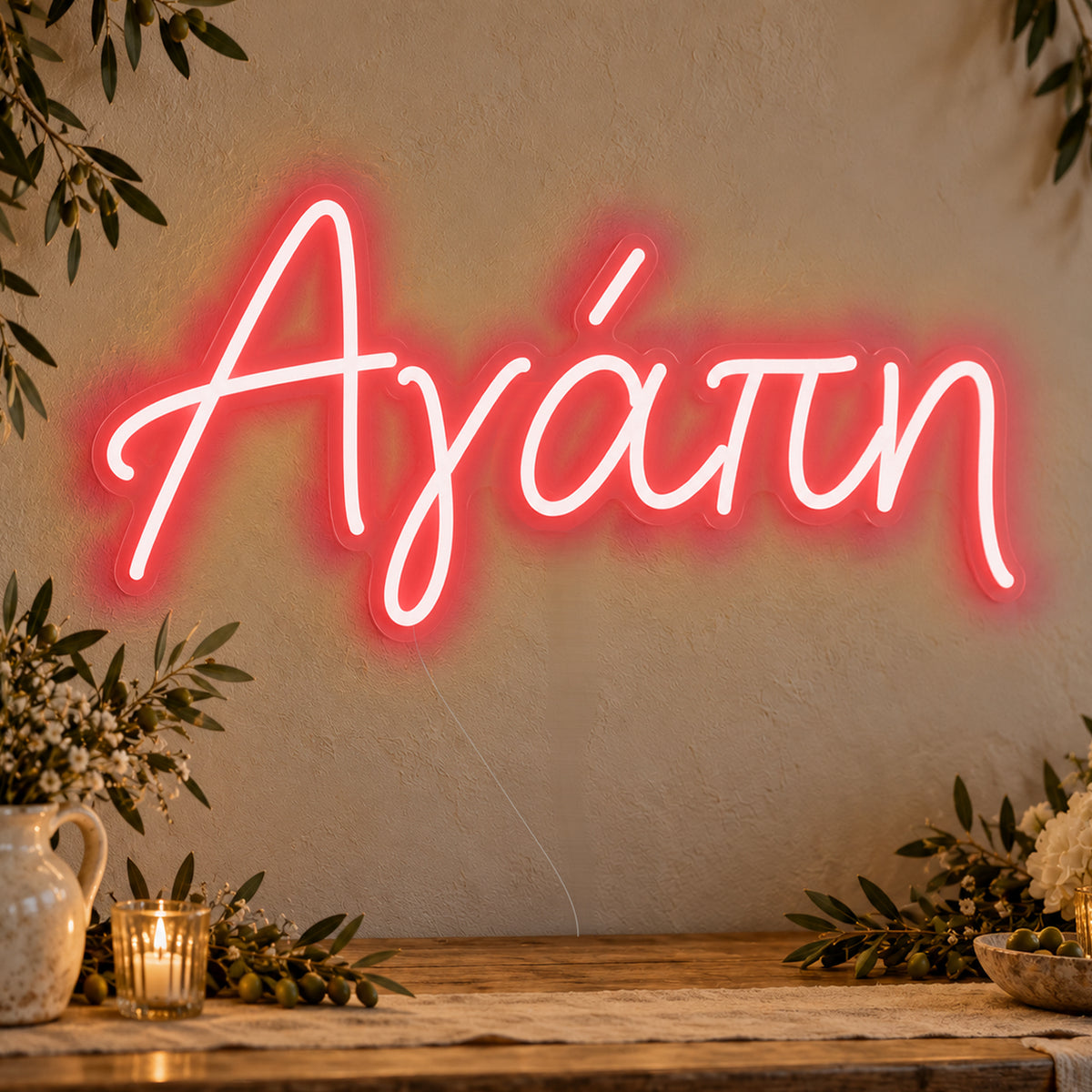 Agapi Greek Love Neon Sign in red LED neon on clear acrylic, angled view
