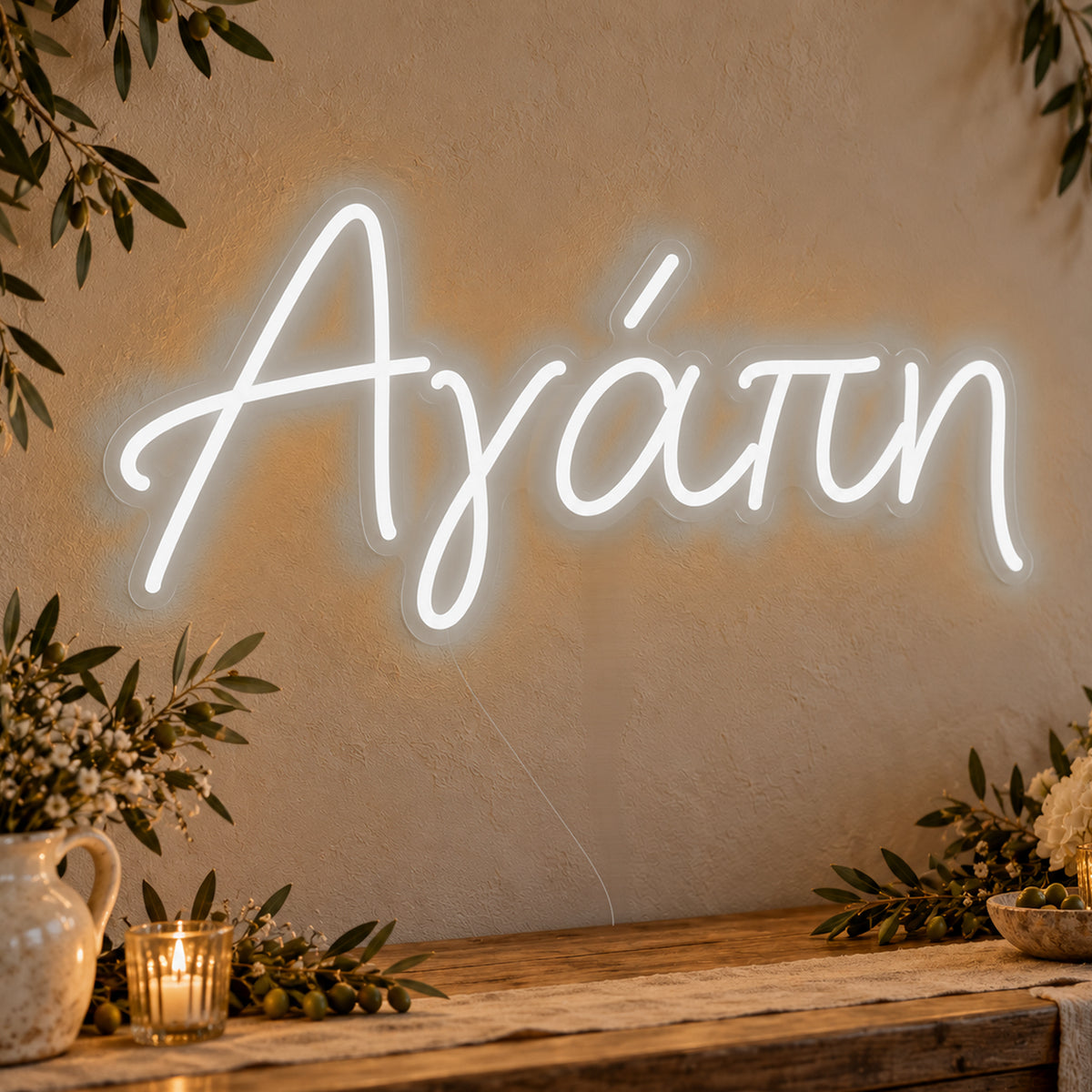 Agapi Greek Love Neon Sign in white LED neon on clear acrylic, angled view