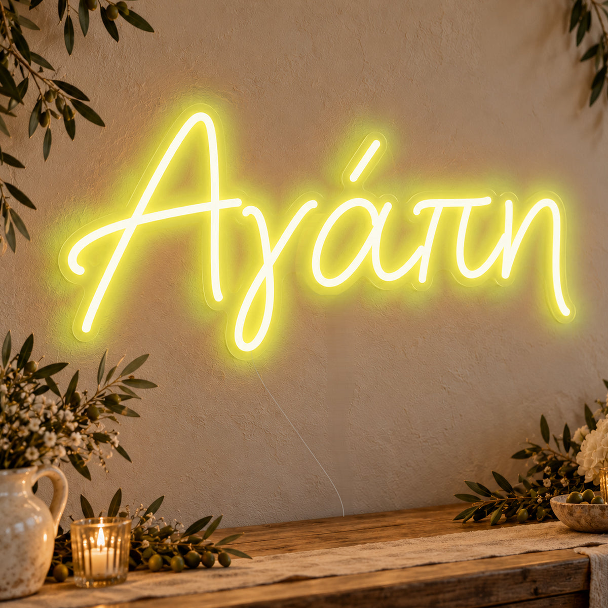Agapi Greek Love Neon Sign in yellow LED neon on clear acrylic, angled view