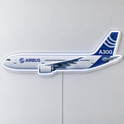 Airbus A300 Neon Sign with printed aircraft details and an illuminated LED outline on clear acrylic, shown from the front on a white surface