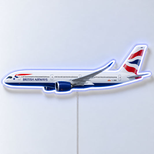 Airbus A350-1000 British Airways Neon Sign with printed aircraft details and an illuminated LED outline on clear acrylic, shown from the front on a white surface, registration G-XWBA
